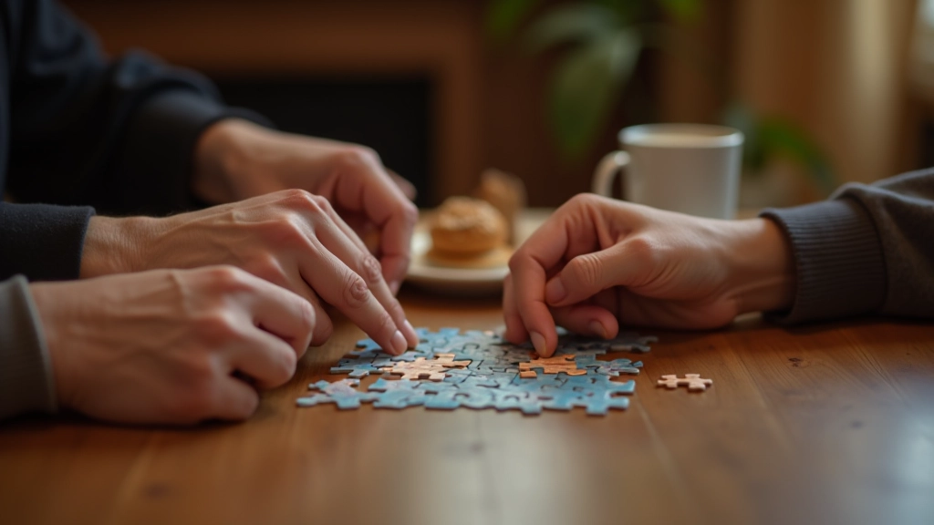 Hands of two people working together on jigsaw puzzle pieces at wooden table with coffee cups and snacks nearby