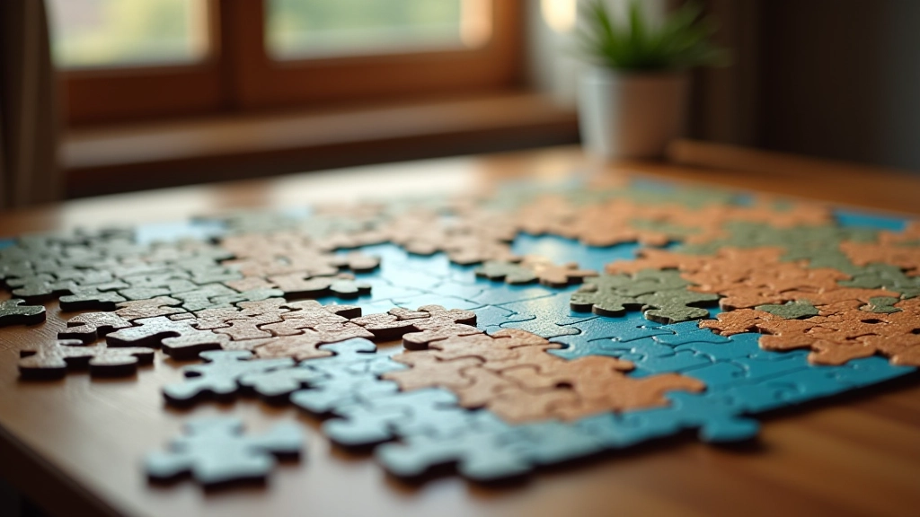 Completed jigsaw puzzle showing detailed landscape scene on table
